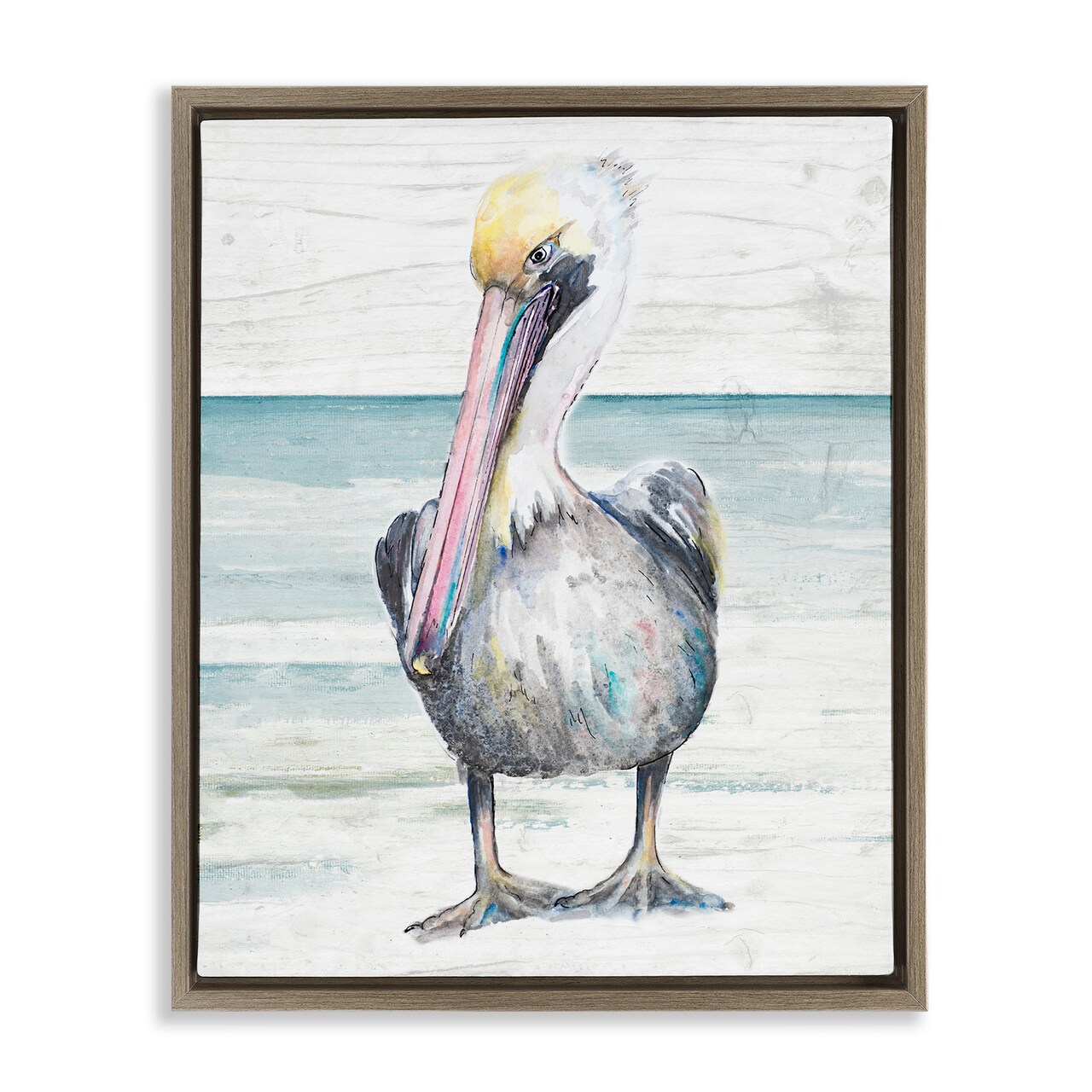Stupell Industries Pelican Bird Standing on Beach Framed Floater Canvas Wall Art